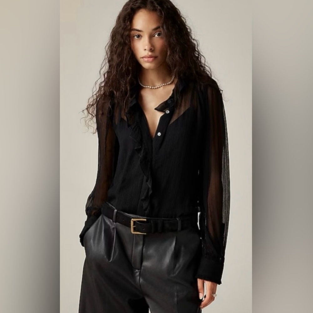 J.Crew Ruffle button-up shirt in crinkle chiffon in black